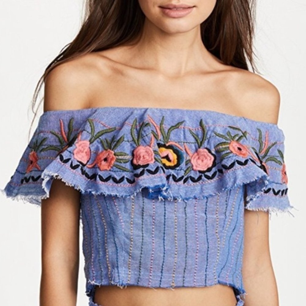 Red  Carter Denim and Floral Alta Off-the-Shoulder Crop Top Size S